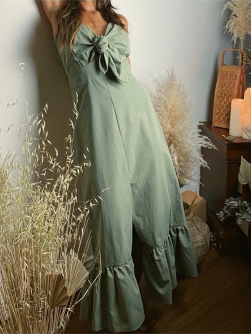 Sage Tie-Front Ruffle-Hem Jumpsuit